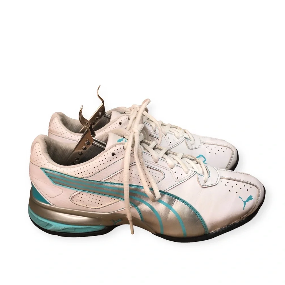 Puma White Turquoise Silver Leather Running Shoes Size 9 - Picture 2 of 16